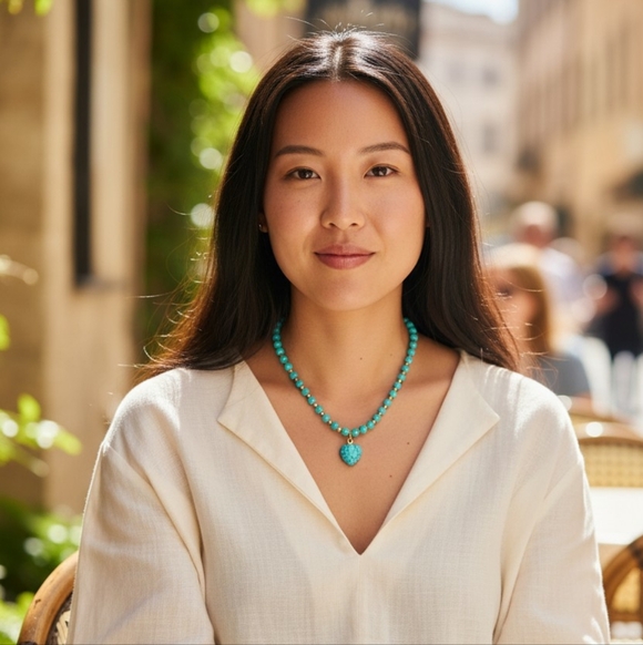 Gold Turqouise Beaded Heart Charm Necklace Earth Art Southwestern Cowboycore - Picture 3 of 8